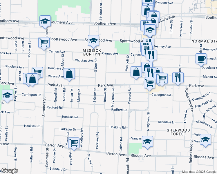 map of restaurants, bars, coffee shops, grocery stores, and more near 3317 Park Avenue in Memphis