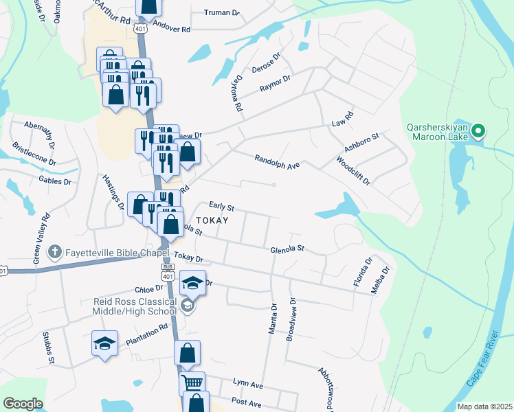 map of restaurants, bars, coffee shops, grocery stores, and more near 405 Early Street in Fayetteville