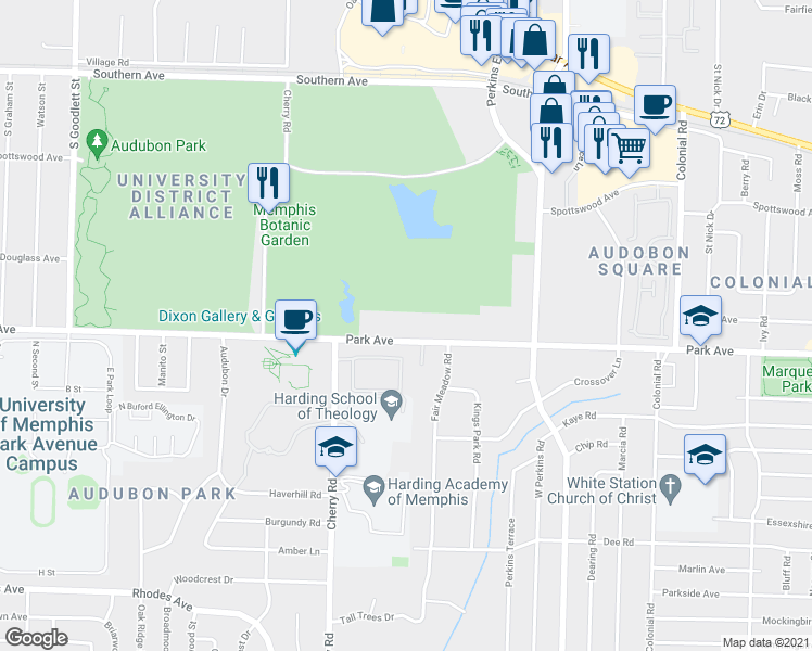 map of restaurants, bars, coffee shops, grocery stores, and more near 4474 Park Avenue in Memphis
