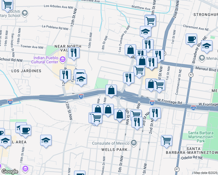 map of restaurants, bars, coffee shops, grocery stores, and more near 2204 7th Street Northwest in Albuquerque