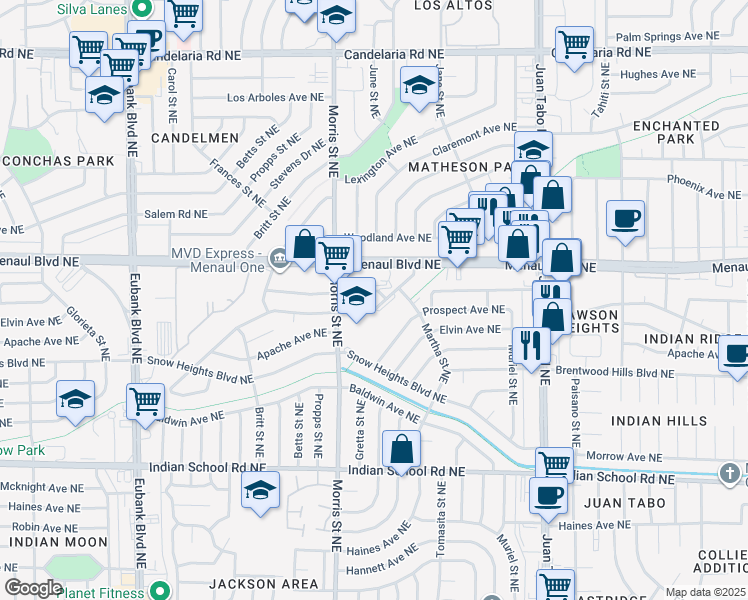 map of restaurants, bars, coffee shops, grocery stores, and more near 10733 Norman Avenue Northeast in Albuquerque