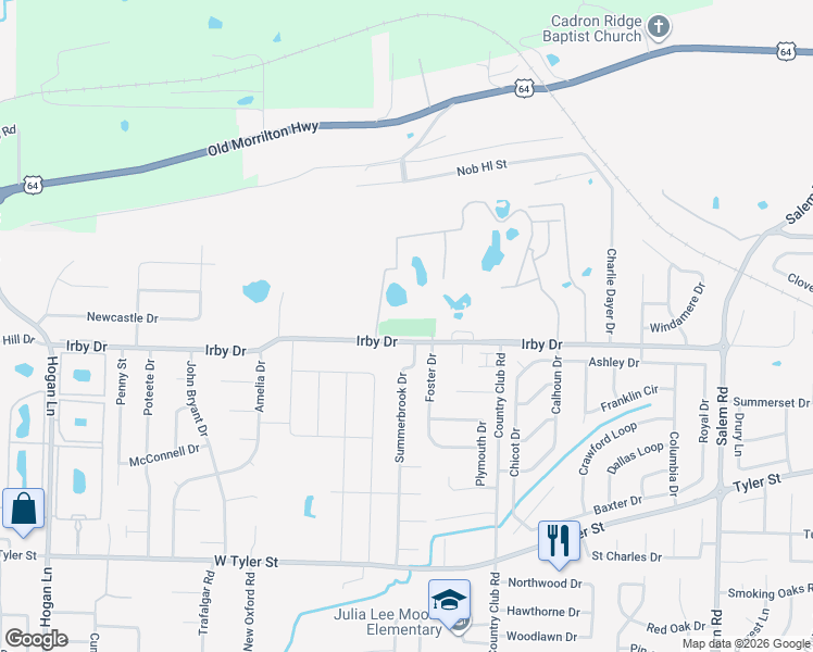 map of restaurants, bars, coffee shops, grocery stores, and more near 3400 Irby Drive in Conway