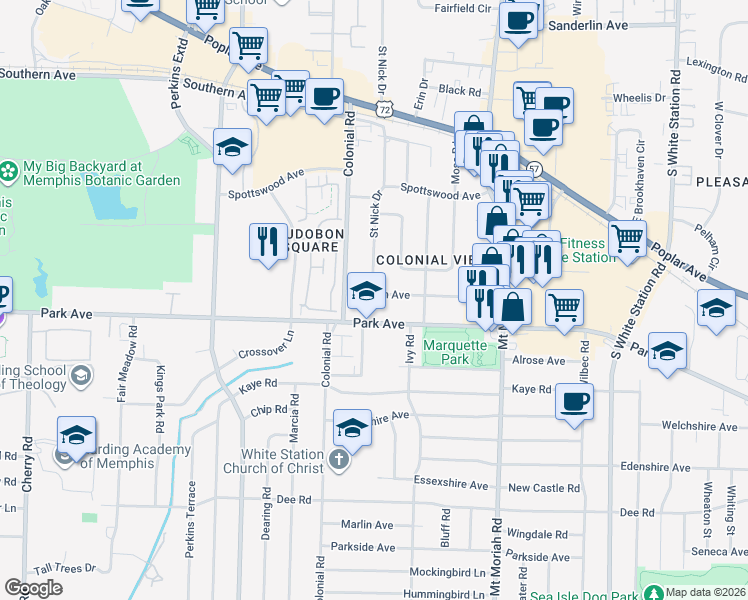 map of restaurants, bars, coffee shops, grocery stores, and more near 4829 Marion Avenue in Memphis