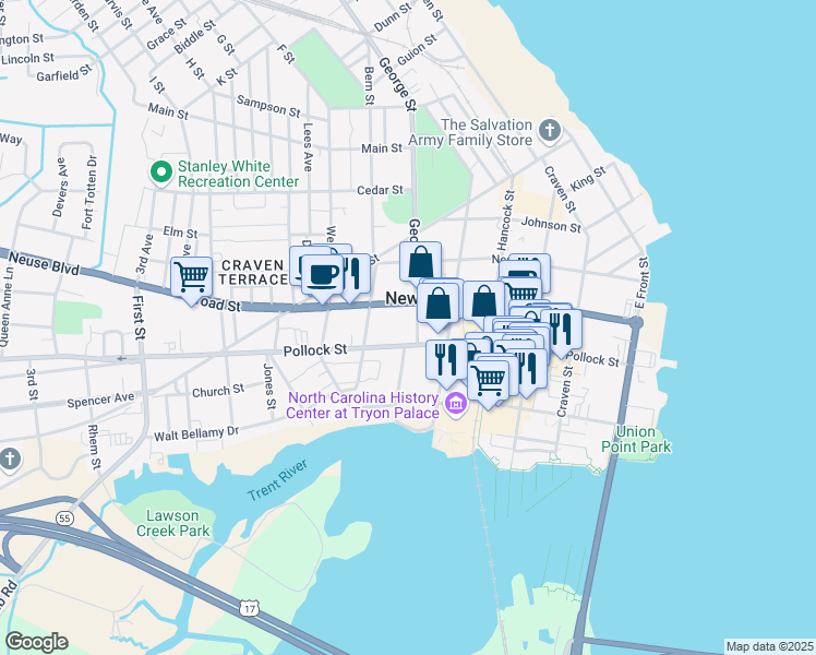 map of restaurants, bars, coffee shops, grocery stores, and more near 307 George Street in New Bern