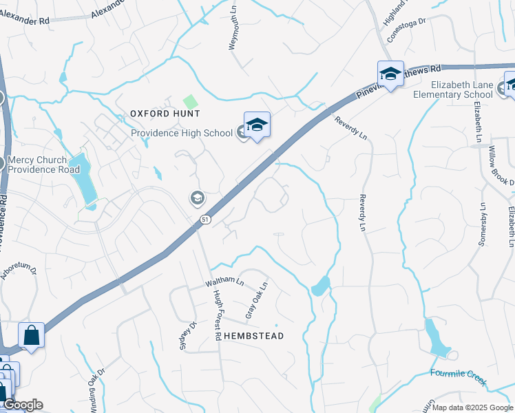 map of restaurants, bars, coffee shops, grocery stores, and more near 1815 Whispering Forest Drive in Charlotte
