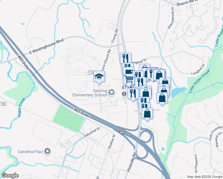 map of restaurants, bars, coffee shops, grocery stores, and more near 9701 China Grove Church Road in Pineville