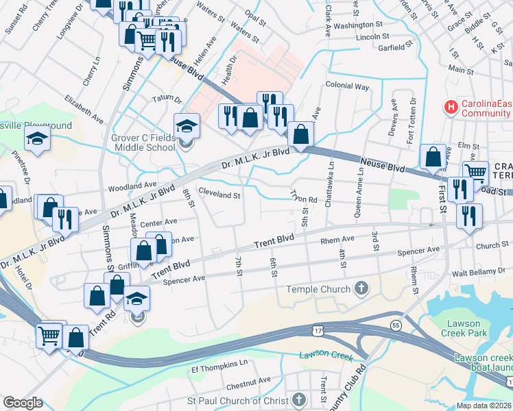 map of restaurants, bars, coffee shops, grocery stores, and more near 513 Colonial Place in New Bern