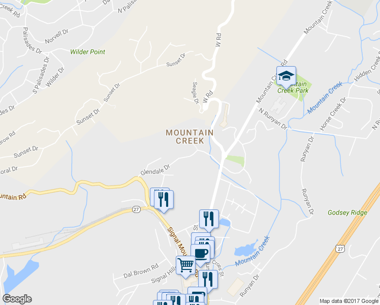 map of restaurants, bars, coffee shops, grocery stores, and more near 245 Glendale Drive in Chattanooga
