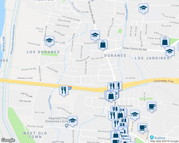 map of restaurants, bars, coffee shops, grocery stores, and more near 1218 Amado Street Northwest in Albuquerque