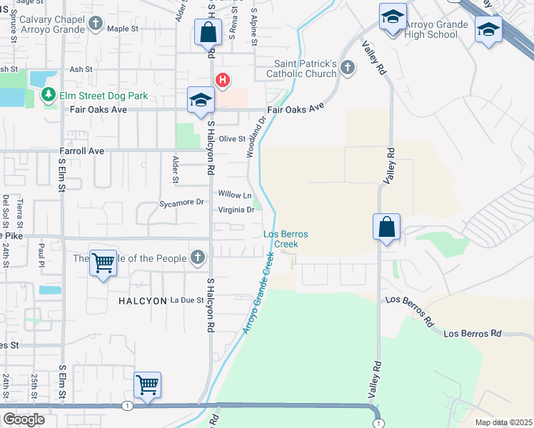 map of restaurants, bars, coffee shops, grocery stores, and more near 645 Woodland Drive in Arroyo Grande