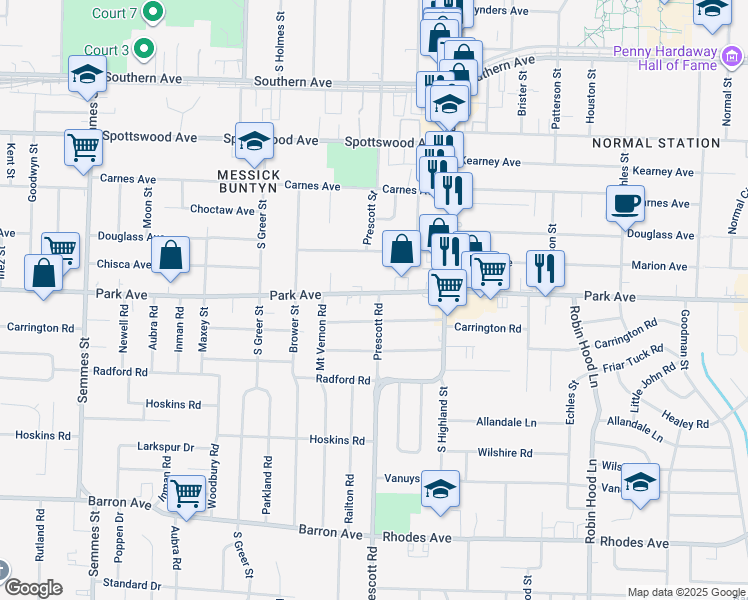 map of restaurants, bars, coffee shops, grocery stores, and more near 3405 Park Avenue in Memphis