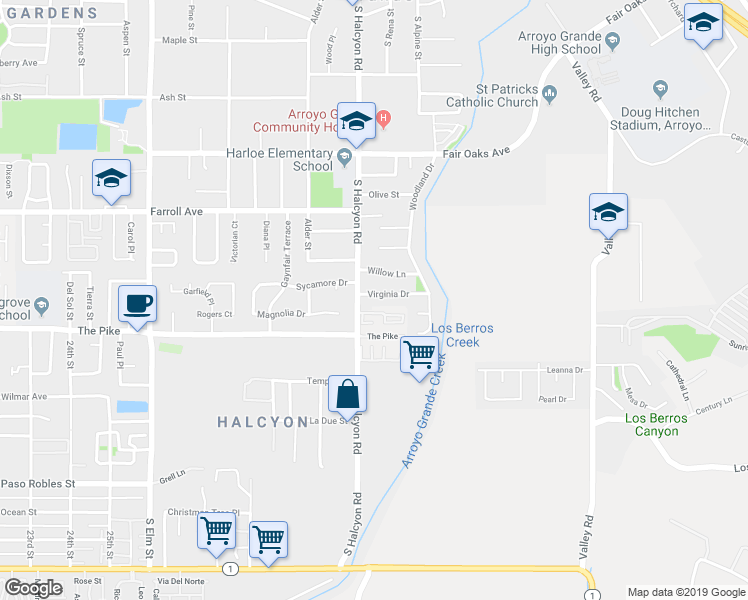 map of restaurants, bars, coffee shops, grocery stores, and more near 855 Virginia Drive in Arroyo Grande