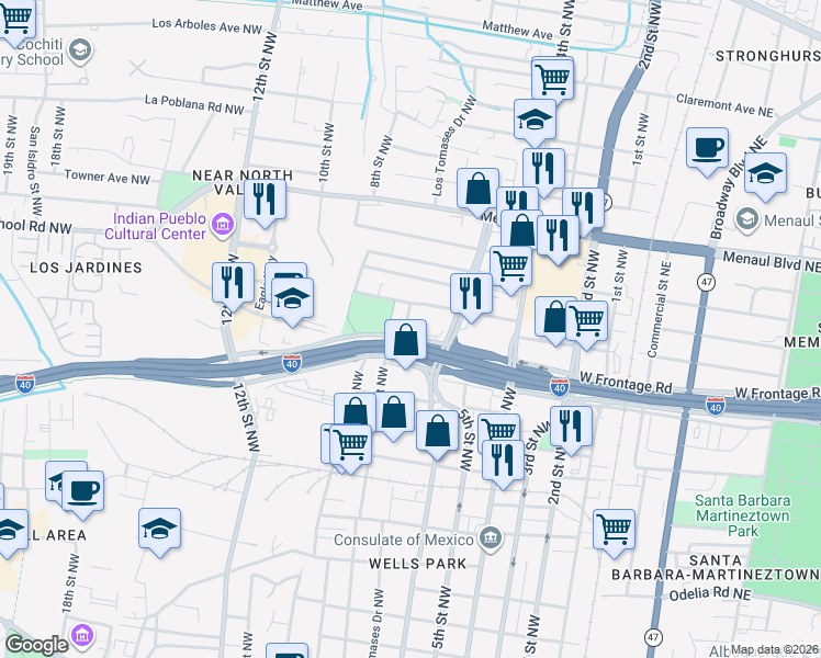 map of restaurants, bars, coffee shops, grocery stores, and more near 2204 7th Street Northwest in Albuquerque
