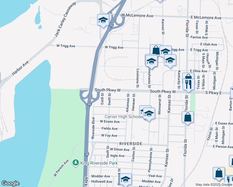 map of restaurants, bars, coffee shops, grocery stores, and more near 299 South Parkway West in Memphis