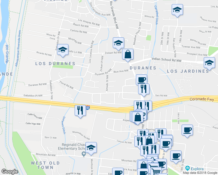 map of restaurants, bars, coffee shops, grocery stores, and more near 1214 Amado Street Northwest in Albuquerque