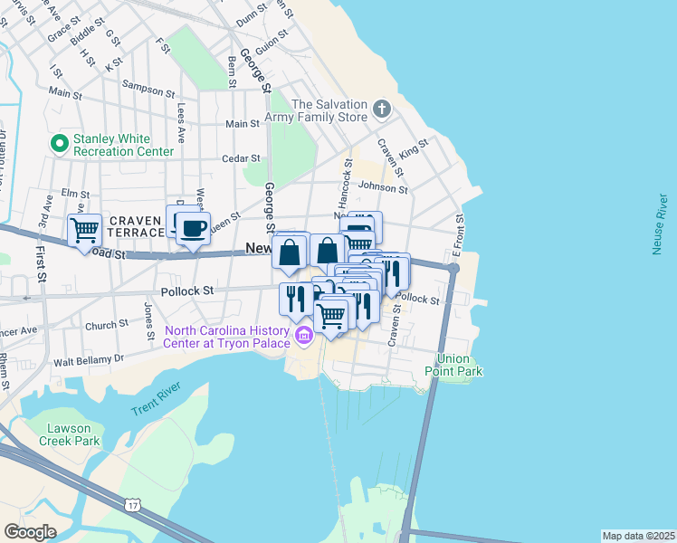 map of restaurants, bars, coffee shops, grocery stores, and more near 301 Hancock Street in New Bern