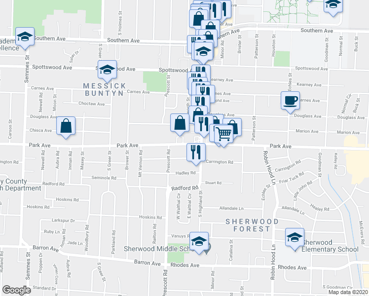 map of restaurants, bars, coffee shops, grocery stores, and more near 3449 Park Avenue in Memphis