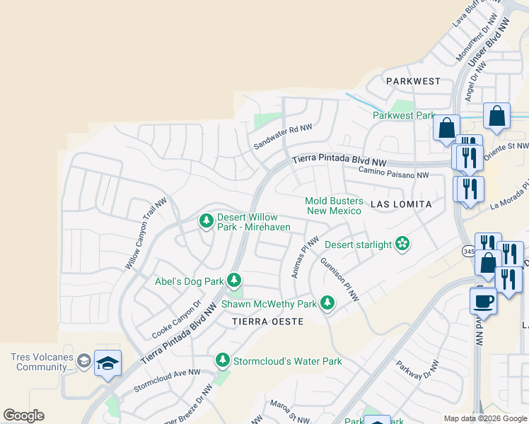 map of restaurants, bars, coffee shops, grocery stores, and more near 8843 Monsoon Road Northwest in Albuquerque