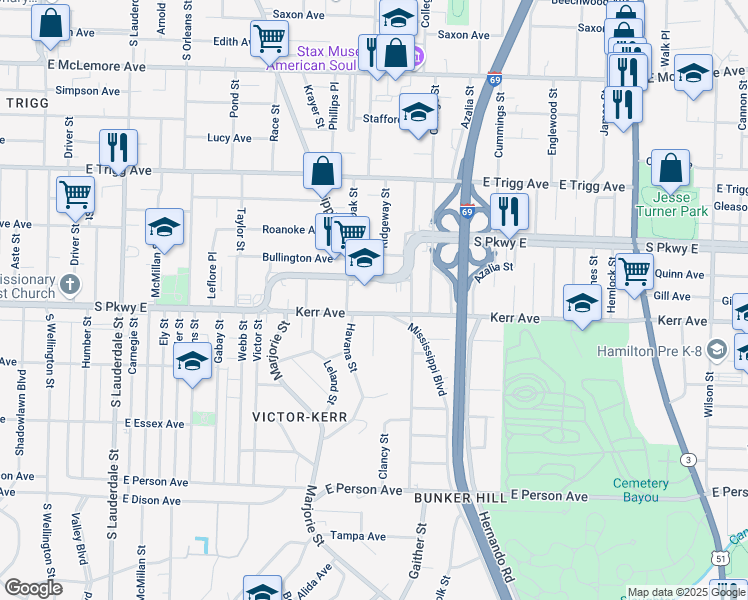 map of restaurants, bars, coffee shops, grocery stores, and more near 888 Kerr Avenue in Memphis