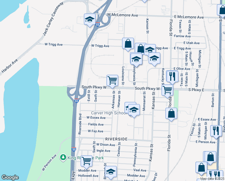 map of restaurants, bars, coffee shops, grocery stores, and more near 245 South Parkway West in Memphis