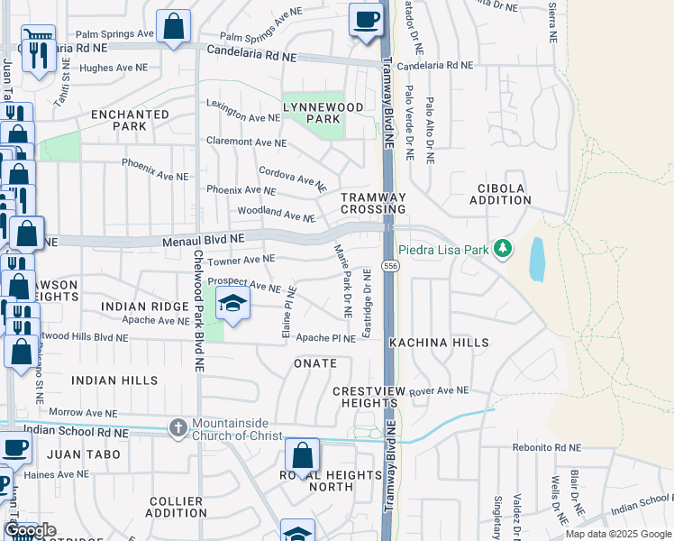 map of restaurants, bars, coffee shops, grocery stores, and more near 12537 Elaine Place Northeast in Albuquerque