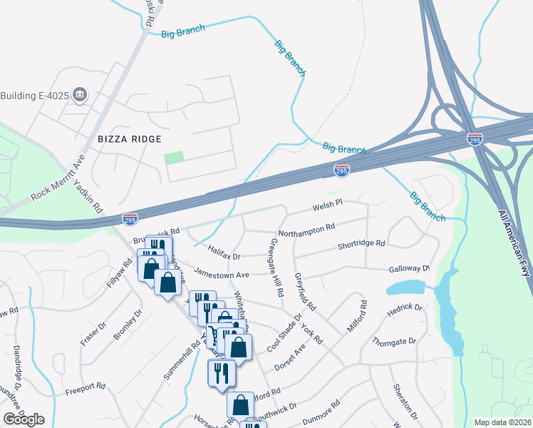 map of restaurants, bars, coffee shops, grocery stores, and more near 506 Brunswick Road in Fayetteville