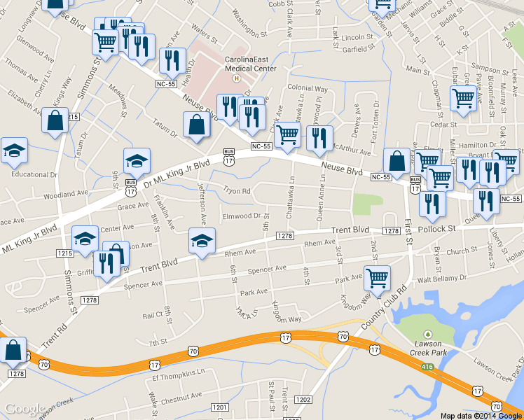 map of restaurants, bars, coffee shops, grocery stores, and more near 1711 Tryon Rd in New Bern