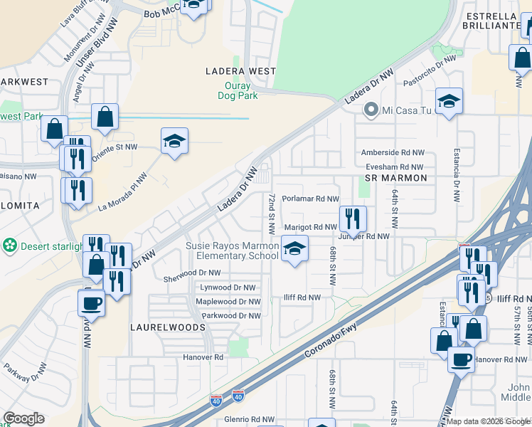 map of restaurants, bars, coffee shops, grocery stores, and more near 2100 Rosewood Avenue Northwest in Albuquerque