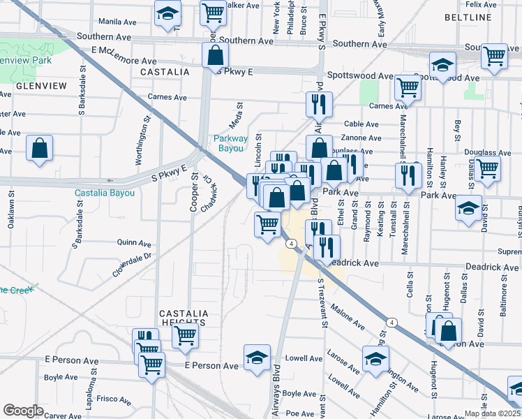 map of restaurants, bars, coffee shops, grocery stores, and more near 2235 Lamar Avenue in Memphis