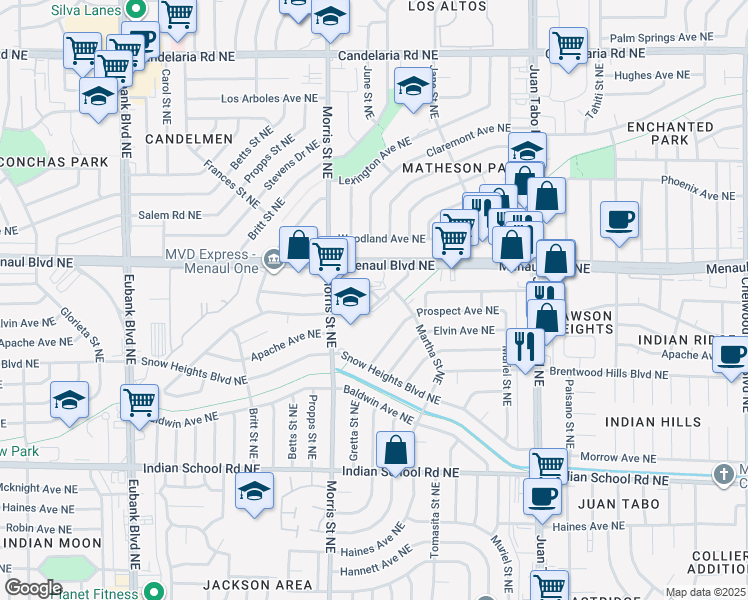 map of restaurants, bars, coffee shops, grocery stores, and more near 10733 Norman Avenue Northeast in Albuquerque