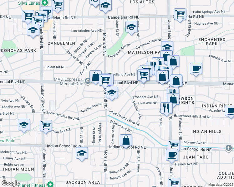 map of restaurants, bars, coffee shops, grocery stores, and more near 10733 Norman Avenue Northeast in Albuquerque