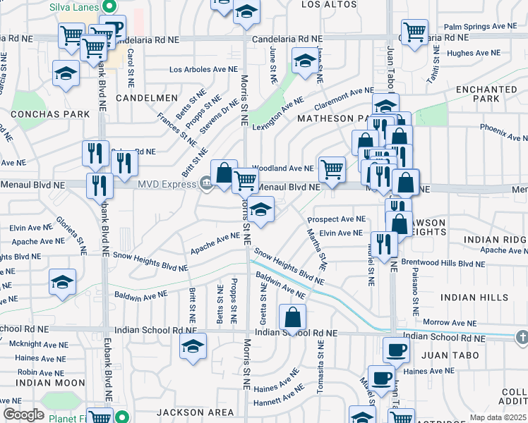 map of restaurants, bars, coffee shops, grocery stores, and more near 10604 Towner Avenue Northeast in Albuquerque