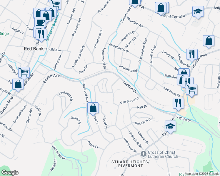 map of restaurants, bars, coffee shops, grocery stores, and more near 3505 Van Winkle Circle in Chattanooga