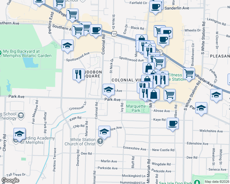 map of restaurants, bars, coffee shops, grocery stores, and more near 4829 Marion Avenue in Memphis