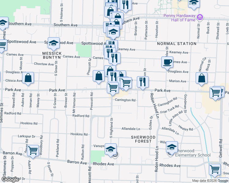 map of restaurants, bars, coffee shops, grocery stores, and more near in Memphis