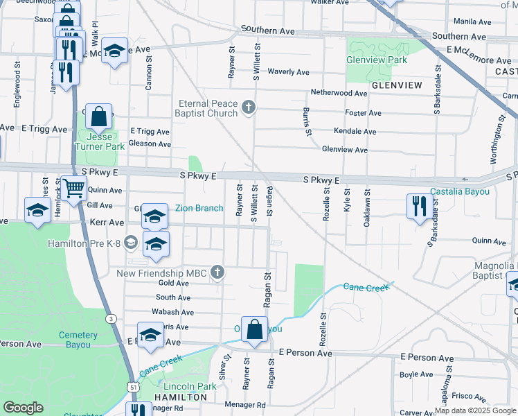 map of restaurants, bars, coffee shops, grocery stores, and more near 1416 South Willett Street in Memphis