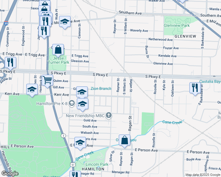 map of restaurants, bars, coffee shops, grocery stores, and more near 1422 Silver Street in Memphis