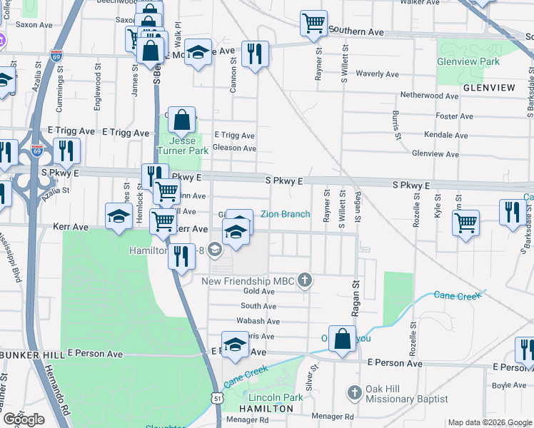 map of restaurants, bars, coffee shops, grocery stores, and more near 1417 Pillow Street in Memphis