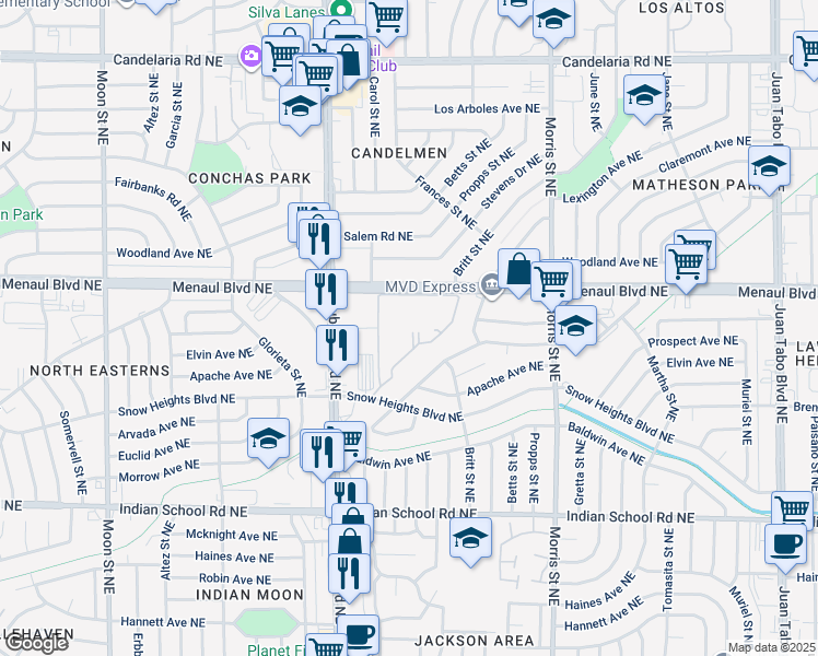 map of restaurants, bars, coffee shops, grocery stores, and more near 10000 Menaul Boulevard Northeast in Albuquerque
