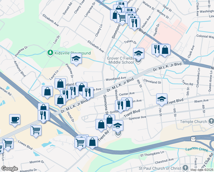 map of restaurants, bars, coffee shops, grocery stores, and more near 2268 Grace Avenue in New Bern