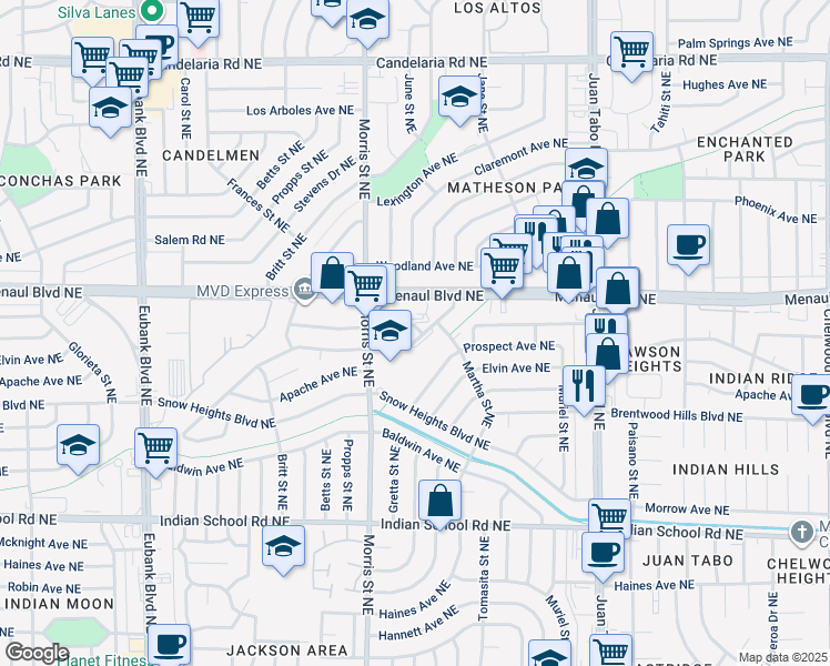 map of restaurants, bars, coffee shops, grocery stores, and more near 10733 Norman Avenue Northeast in Albuquerque