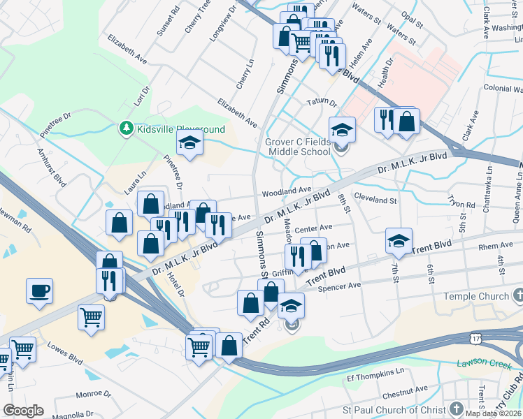 map of restaurants, bars, coffee shops, grocery stores, and more near 2268 Grace Avenue in New Bern