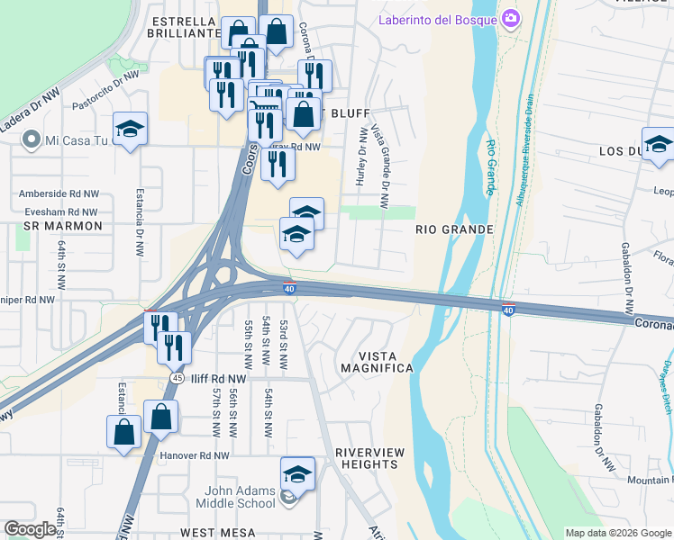 map of restaurants, bars, coffee shops, grocery stores, and more near 5112 Bridges Avenue Northwest in Albuquerque