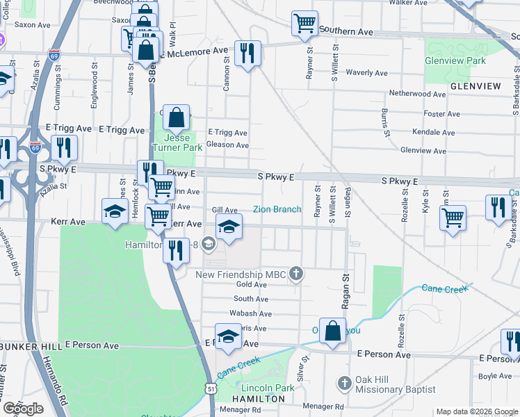 map of restaurants, bars, coffee shops, grocery stores, and more near 1417 Pillow Street in Memphis
