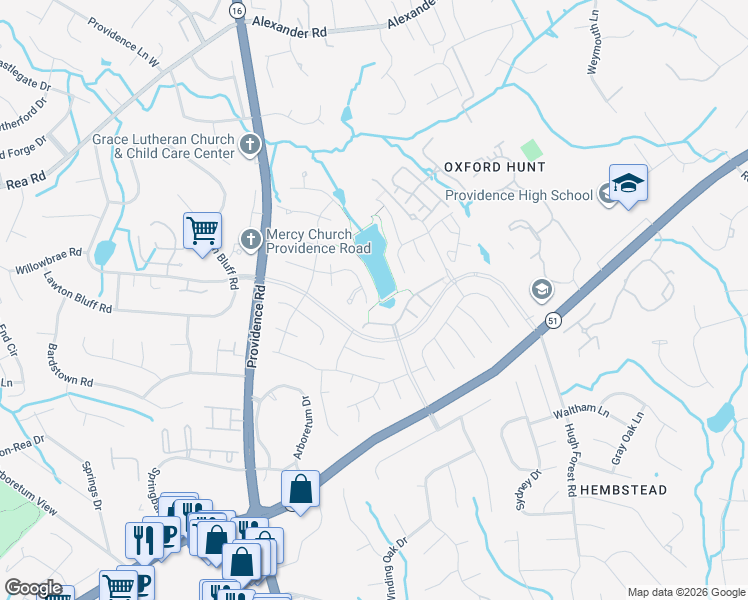 map of restaurants, bars, coffee shops, grocery stores, and more near 7841 Compton Court in Charlotte