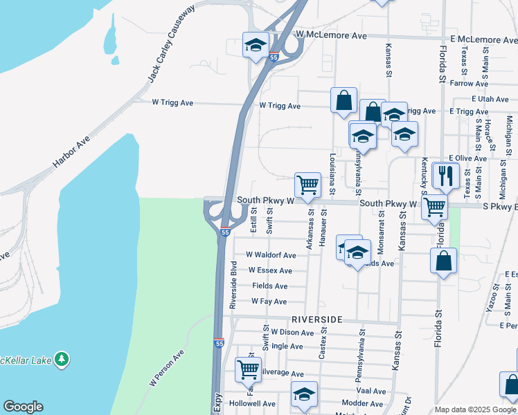 map of restaurants, bars, coffee shops, grocery stores, and more near 323 South Parkway West in Memphis
