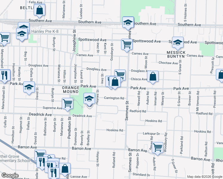 map of restaurants, bars, coffee shops, grocery stores, and more near 2963 Park Avenue in Memphis