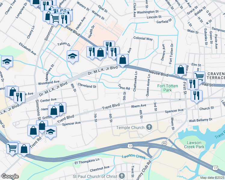 map of restaurants, bars, coffee shops, grocery stores, and more near 1736 Elmwood Street in New Bern