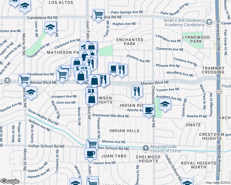 map of restaurants, bars, coffee shops, grocery stores, and more near 2300 Algodones Street Northeast in Albuquerque