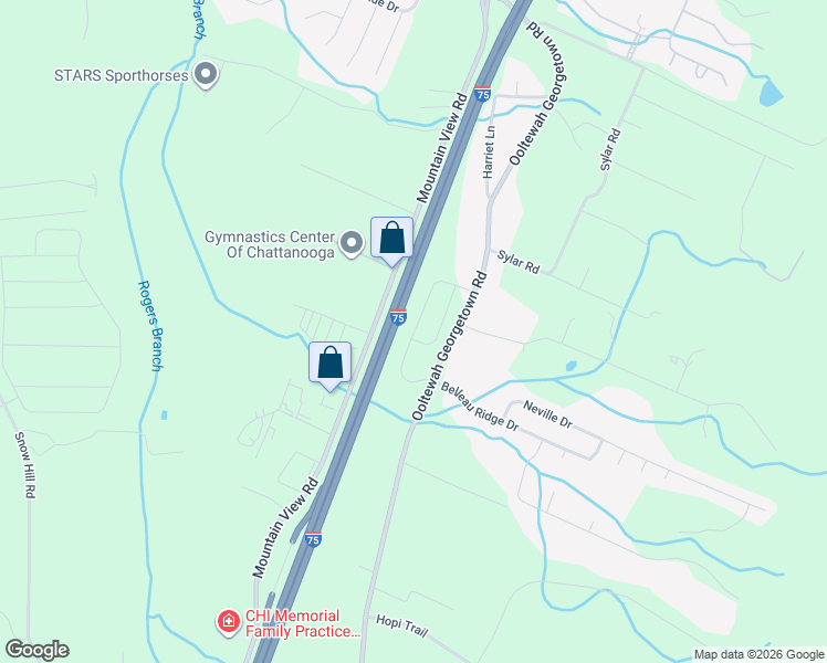 map of restaurants, bars, coffee shops, grocery stores, and more near 6725 Ooltewah Georgetown Road in Ooltewah